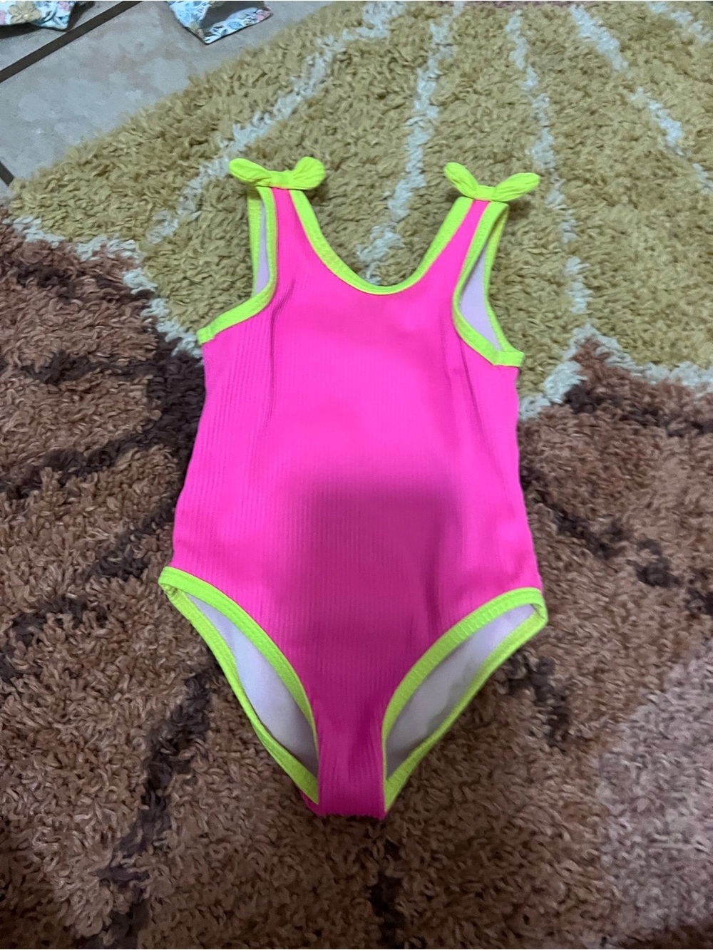 Cat & Jack Girls Neon Pink One-Piece Swimsuit with Lime Trim
